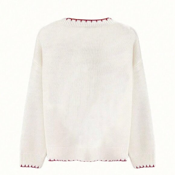 White Casual Women's Butterfly Knit Jacquard Long Sleeve Pullover Sweater - Picture 6 of 6